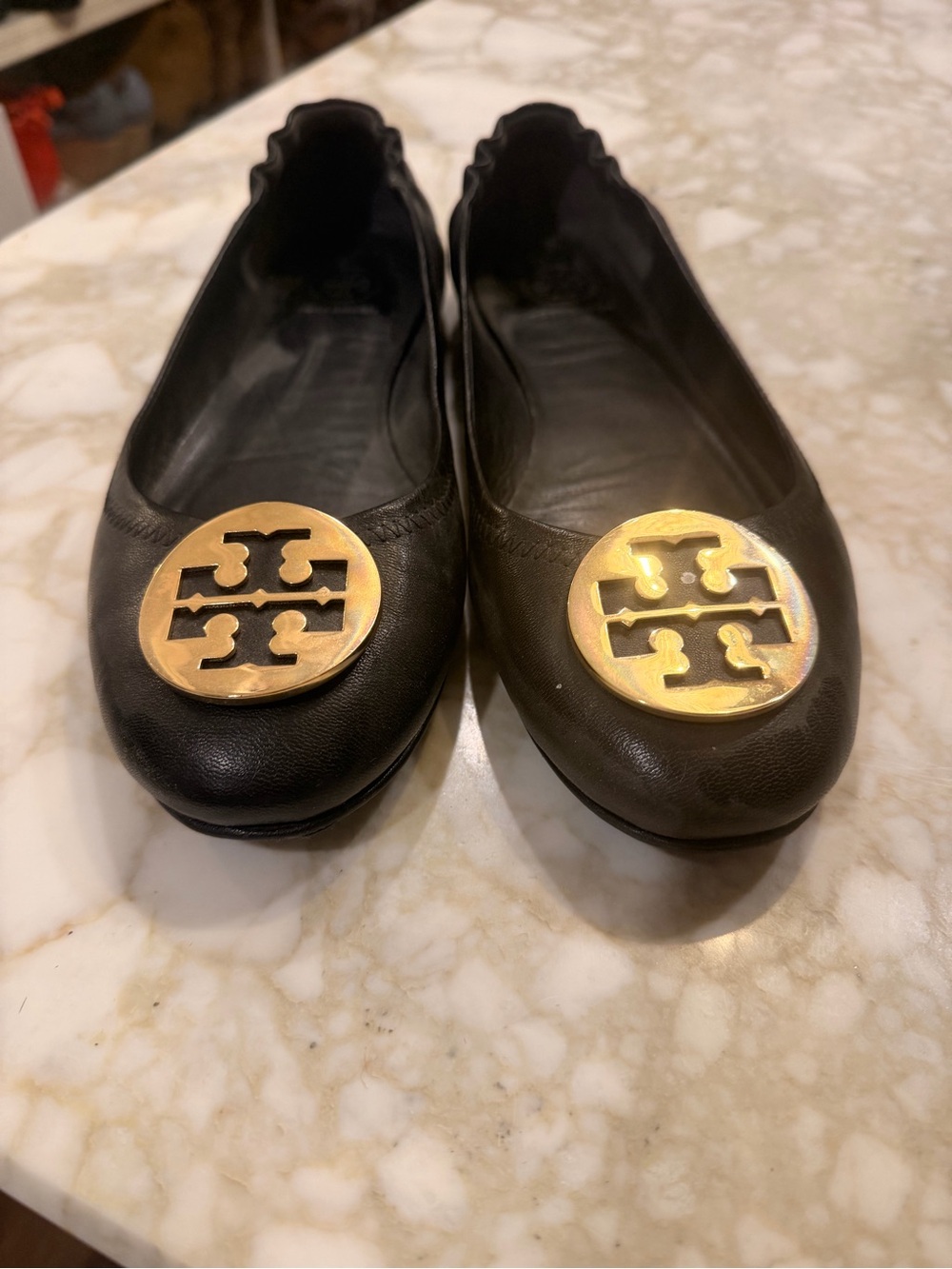 Tory Burch Black Leather Logo Ballet Flats with Gold Emblem